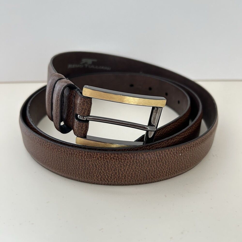 REMO TULLIANI 5173 Belt Men Sz 54 Brown Genuine Leather Solid Brass Buckle Italy